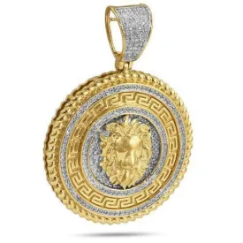 10KY 0.65CTW DIAMOND GREEK KEY LION HEAD MEDALLION