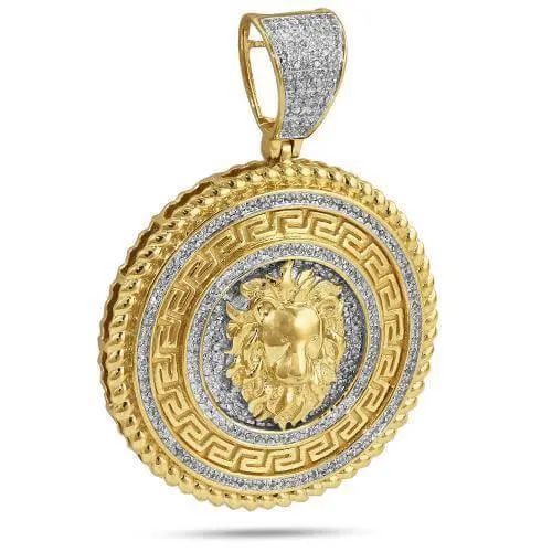 10KY 0.65CTW DIAMOND GREEK KEY LION HEAD MEDALLION