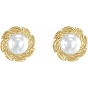 14K Yellow Gold Cultured White Akoya Pearl Leaf Earrings