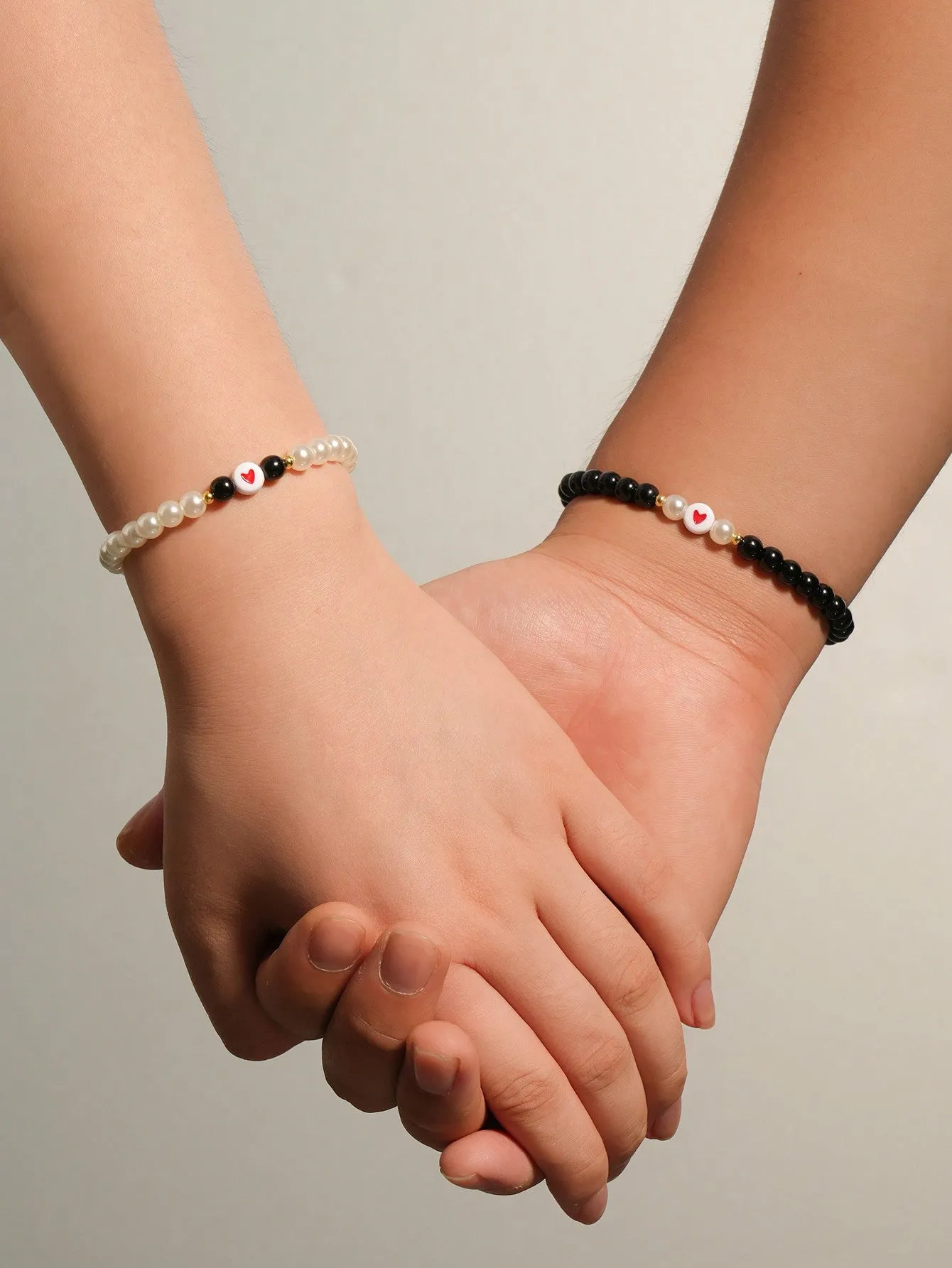 2pcs Red Heart Faux Pearl Couples Bracelets, White Black Beaded Stretchy
