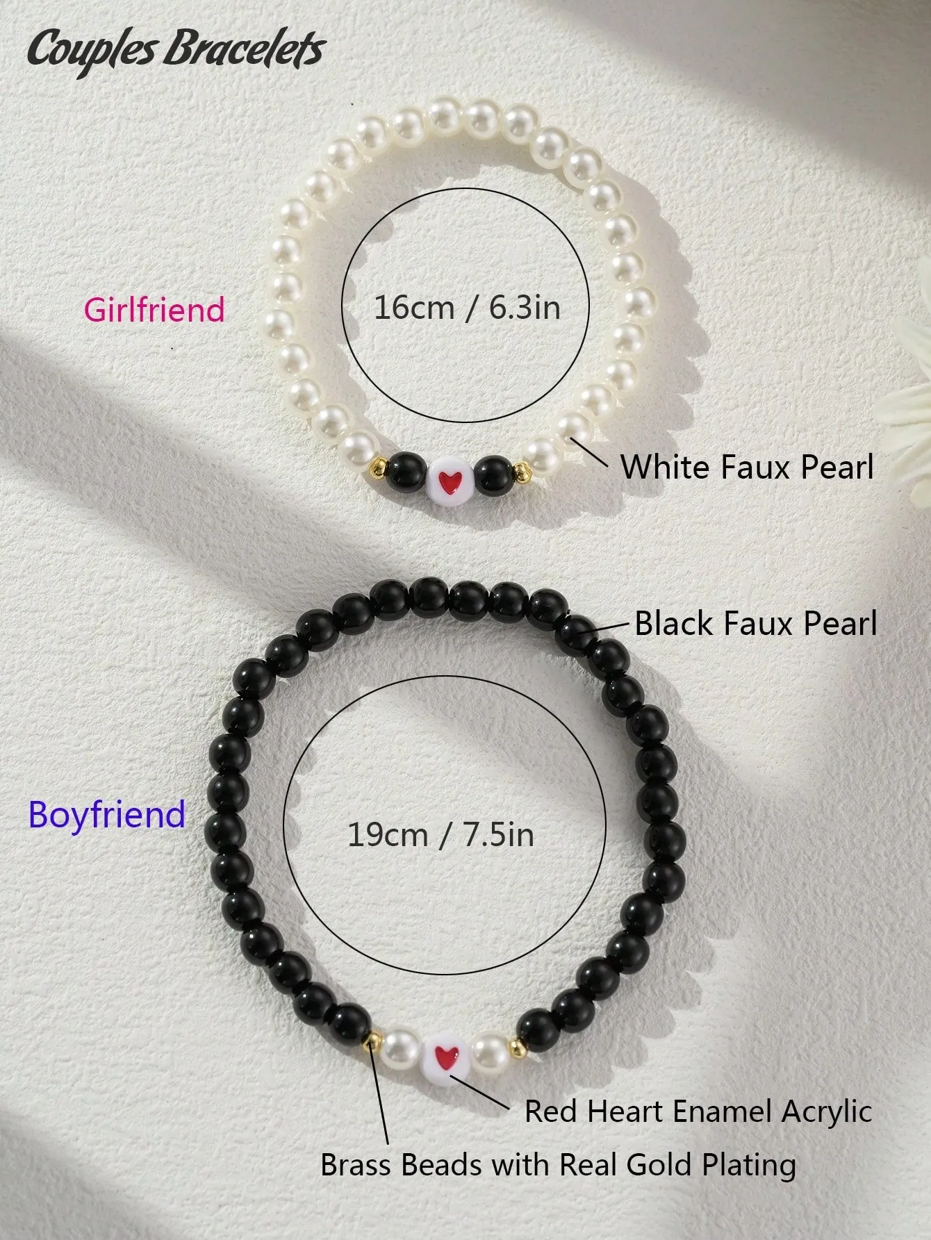 2pcs Red Heart Faux Pearl Couples Bracelets, White Black Beaded Stretchy