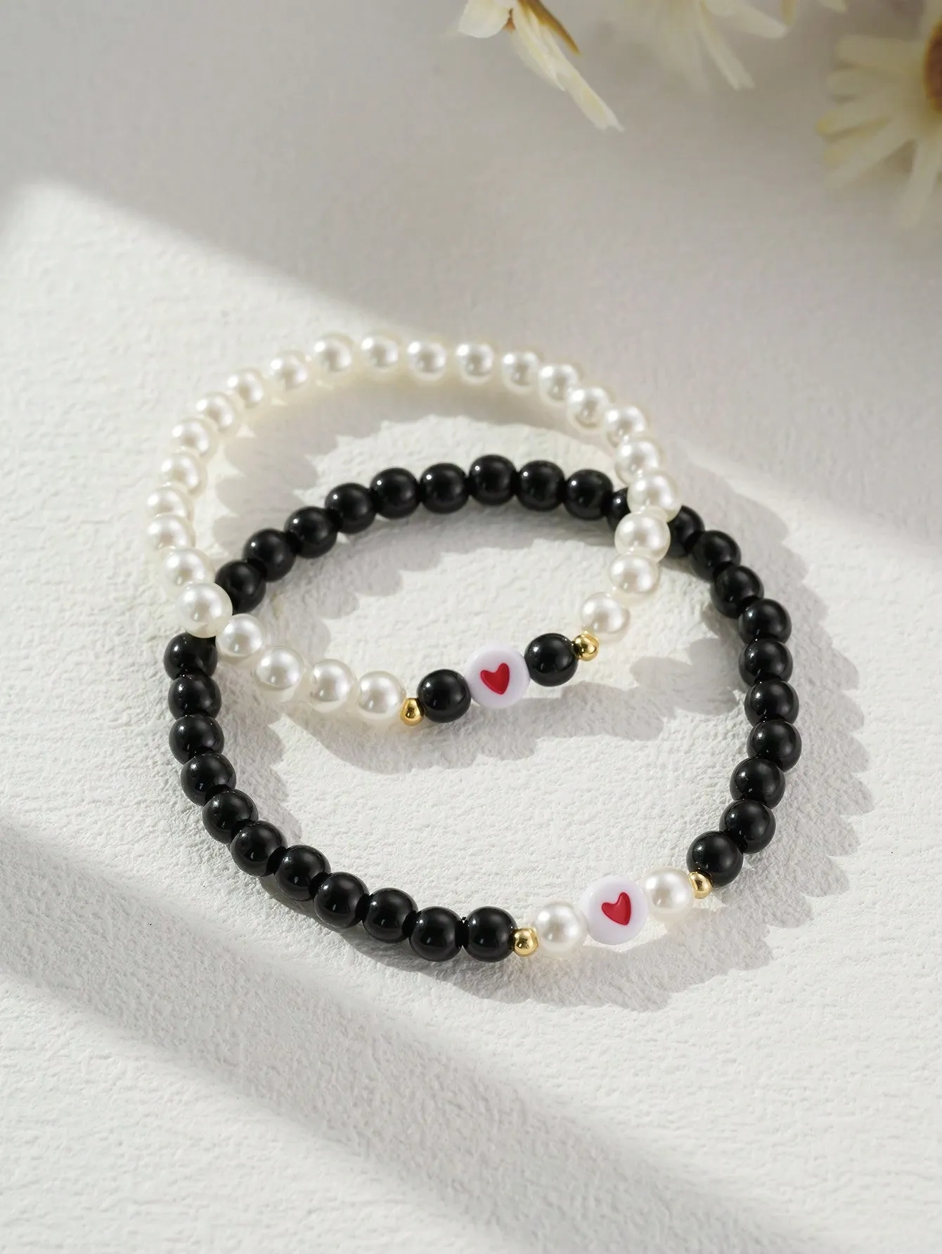 2pcs Red Heart Faux Pearl Couples Bracelets, White Black Beaded Stretchy