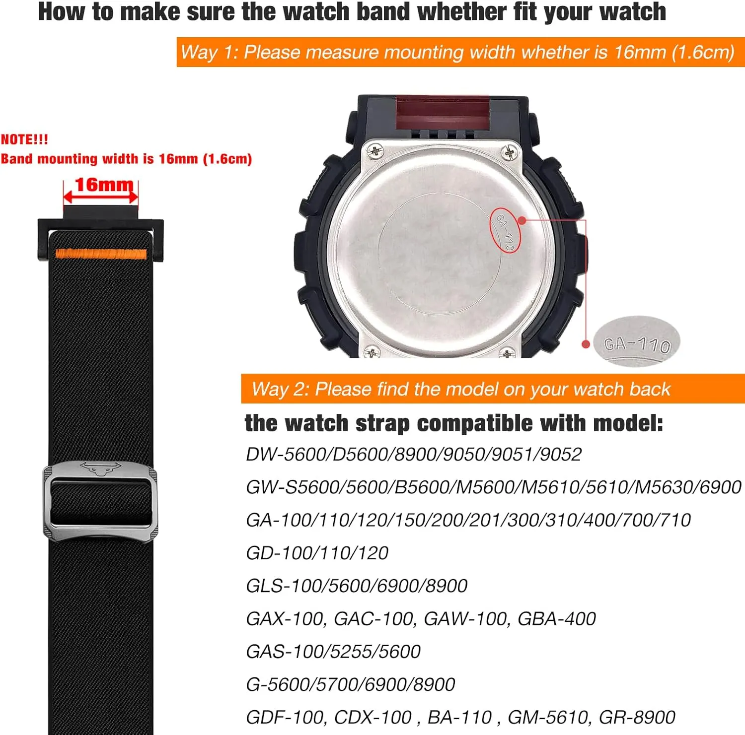 Abanen Soft Stretchy Loop Durable Elastic Nylon Adjustable Braided Watch Band for Casio gshock DW-5600/8900, GA-100/GW-B5600/GB-5600 /GW-6900