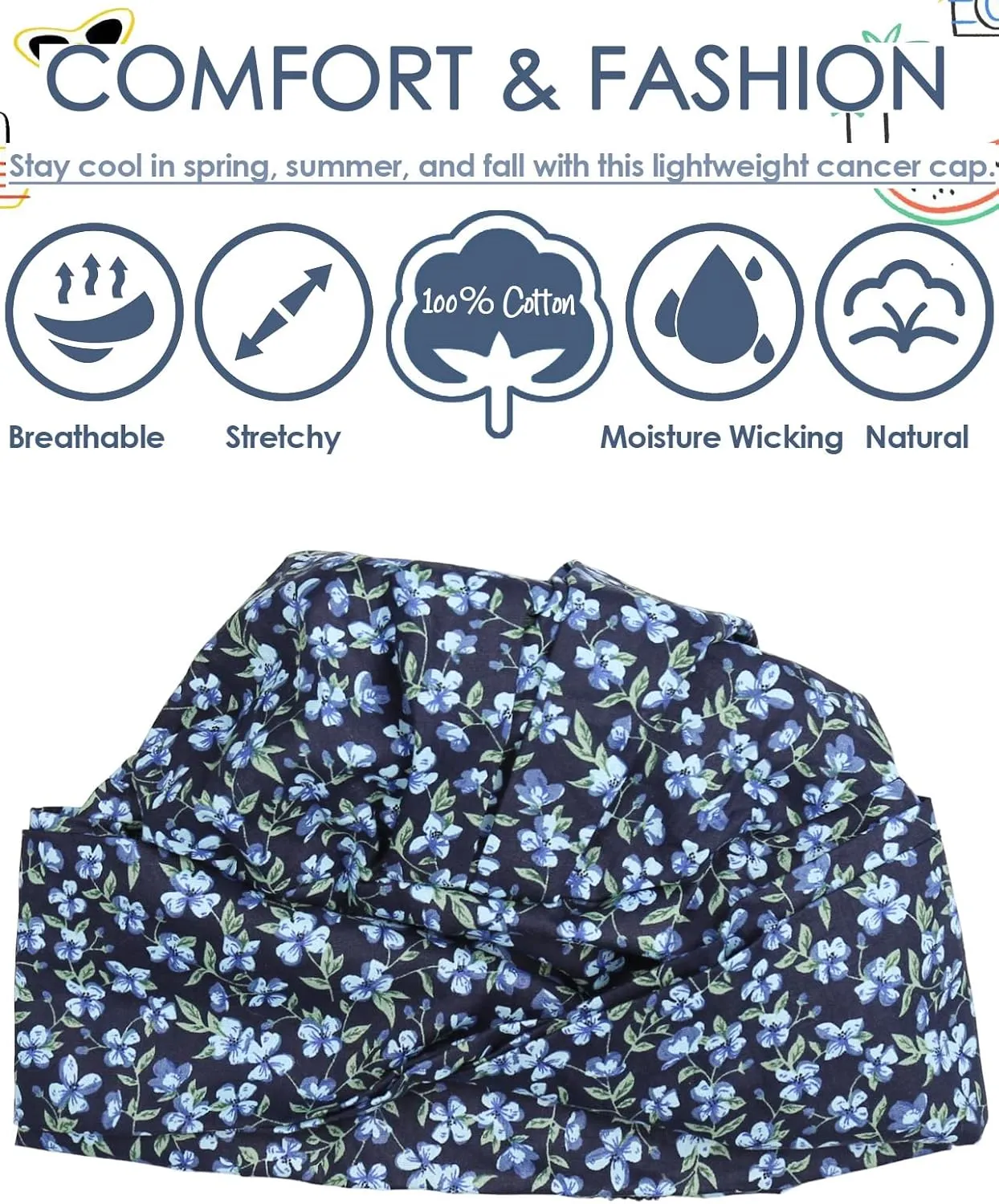 Alnorm 100% Cotton Fashion Headwear Chemo Caps with Stretchy Band for Hair Loss Women