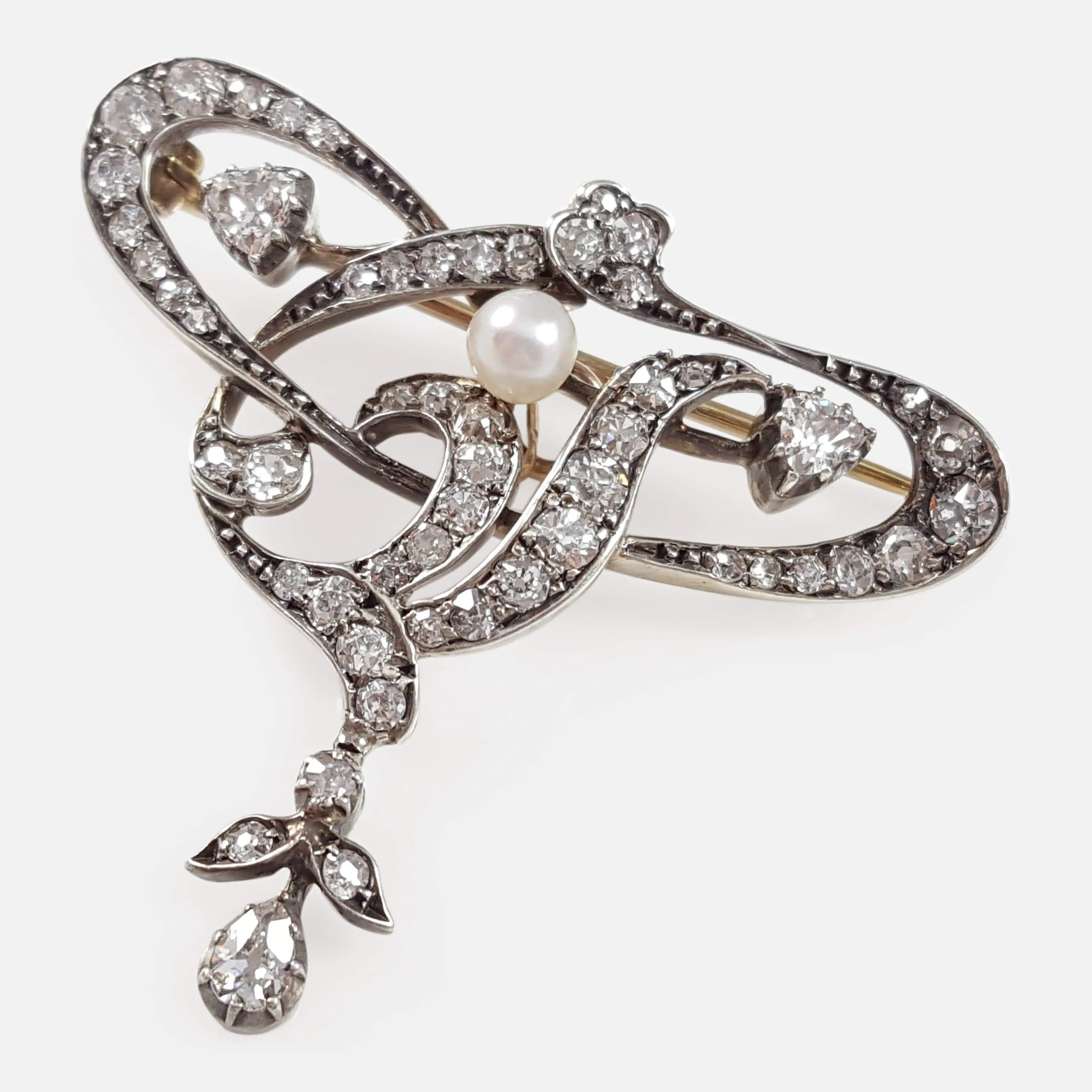 Art Nouveau Silver, Gold, Diamond, and Pearl Brooch