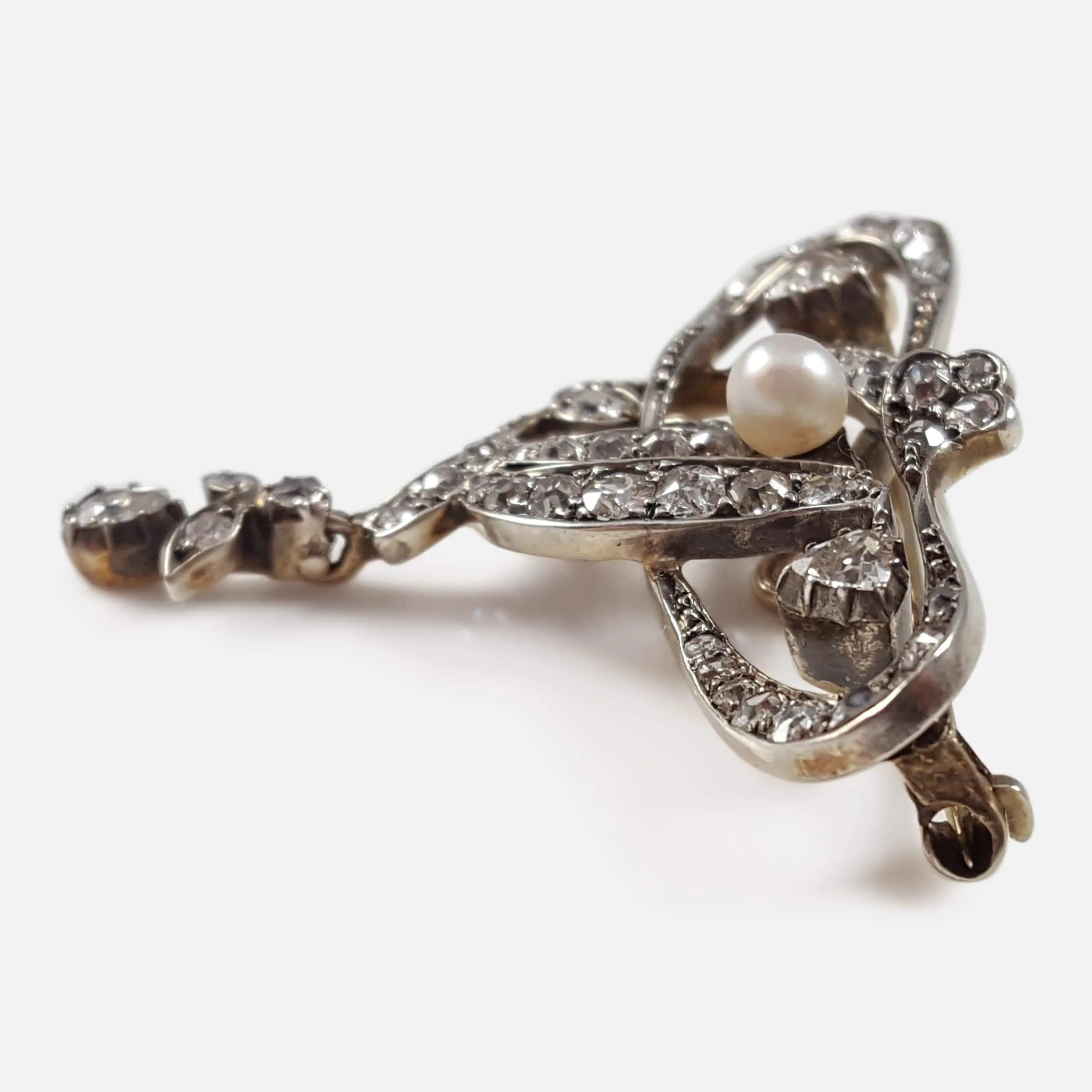 Art Nouveau Silver, Gold, Diamond, and Pearl Brooch