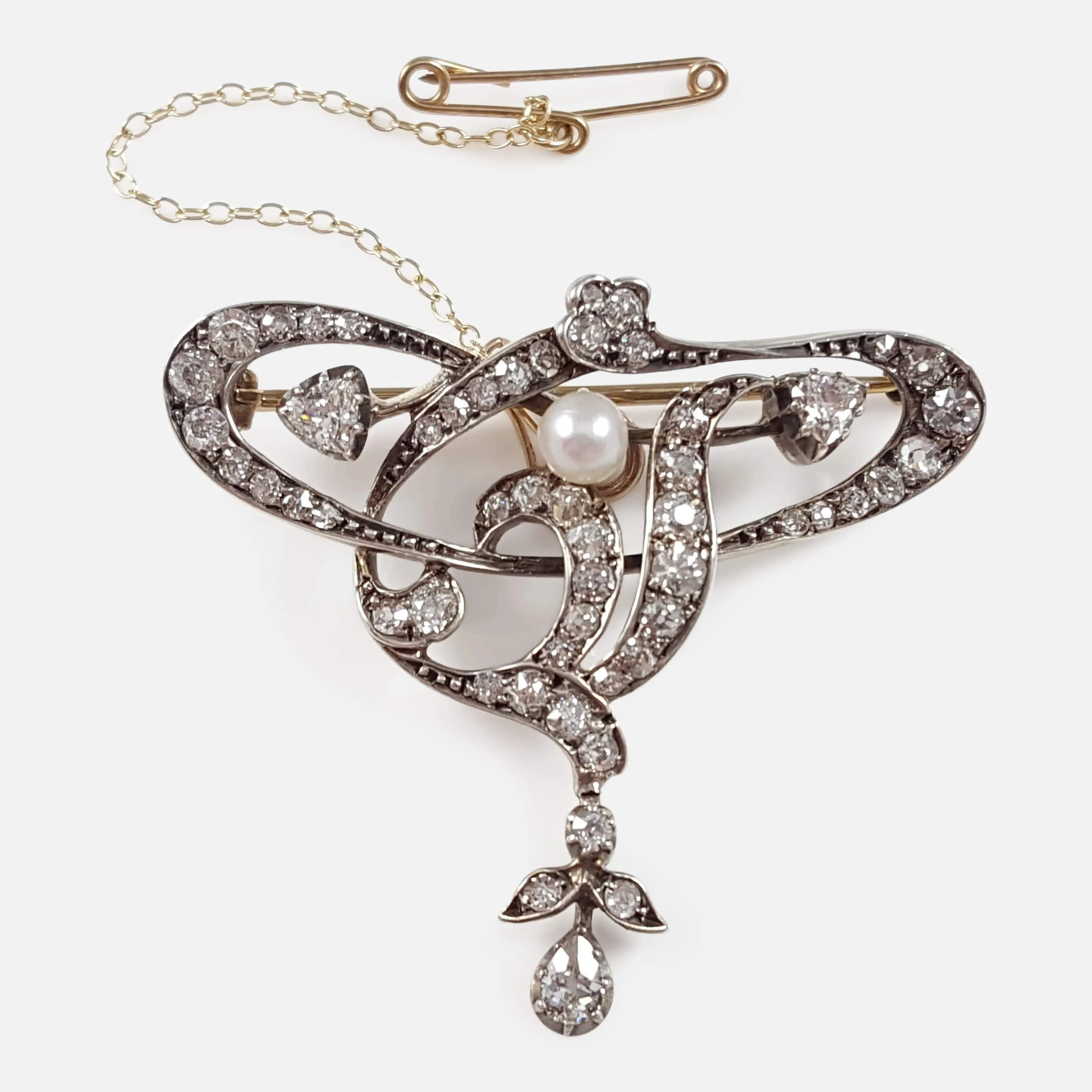 Art Nouveau Silver, Gold, Diamond, and Pearl Brooch