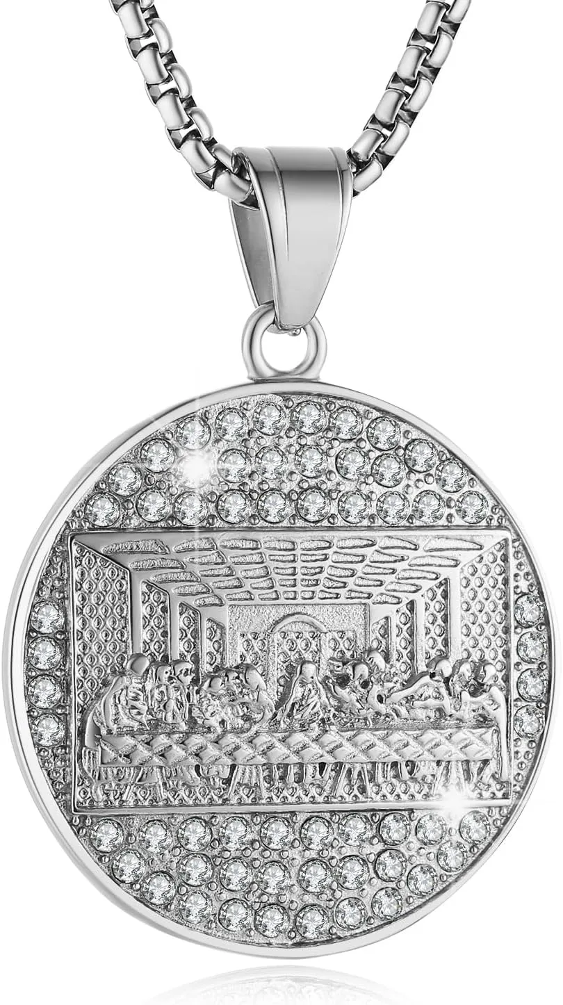 AsAlways Gold Plated Lord's Supper Stainless Steel CZ Engrave Last Supper Jesus with His Disciples Pendant Necklace for Men Hip Hop Religion Jewelry Gift