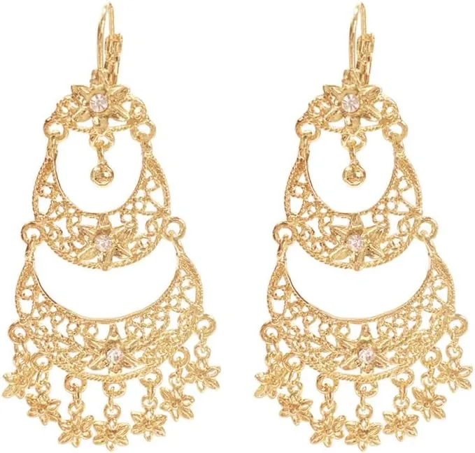 Boho Flower Tassel Statement Dangle Hoop Earrings for Women Crystal Chandelier Drop Dangling Earring Indian Bollywood Jewelry Gift for Jhumka Festival Holiday Christmas Wedding Party