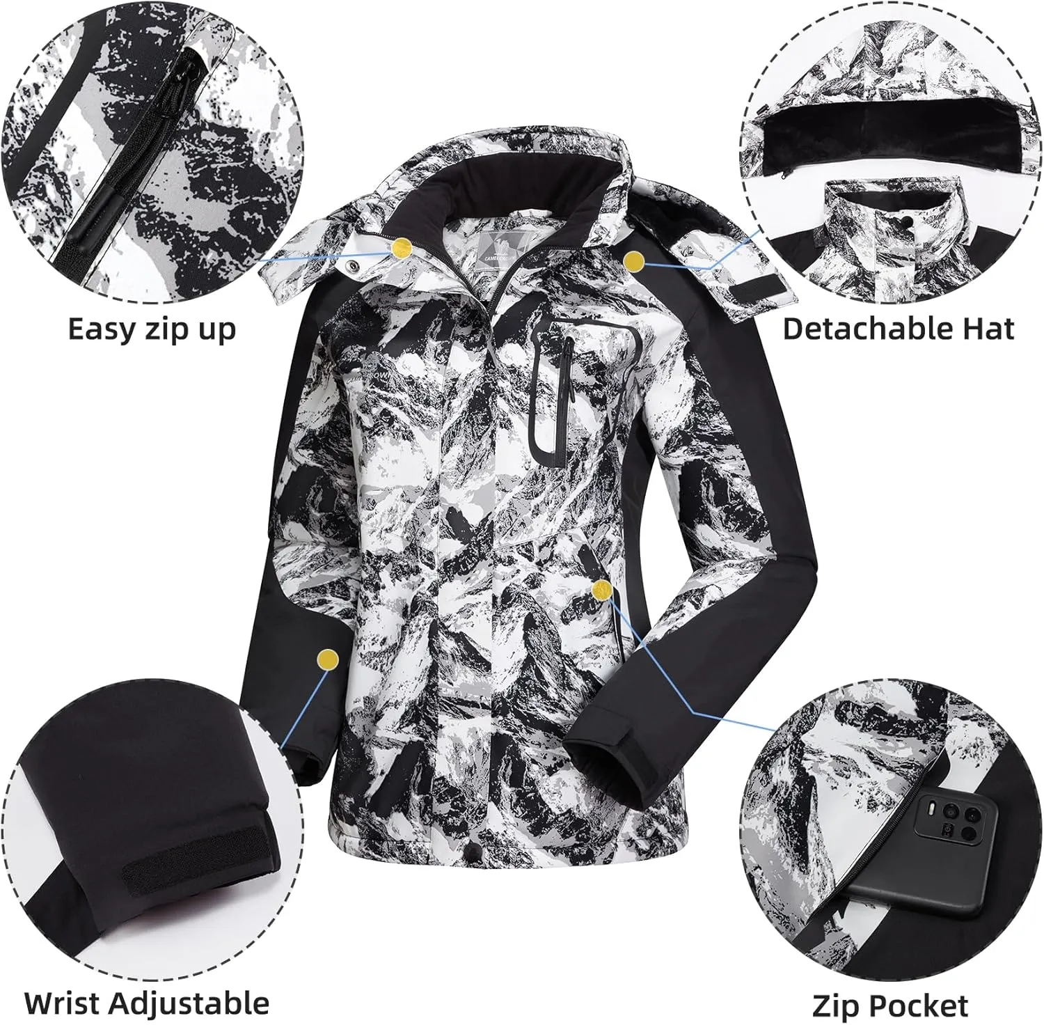 CAMEL CROWN Women's Ski Jacket Winter Snow Coat Warm Fleece Mountain Waterproof Female Jacket Snowboarding jackets