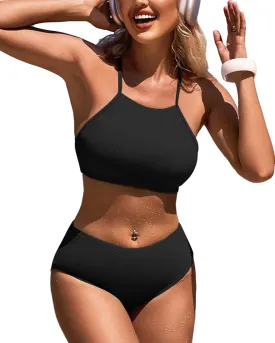 CharmLeaks Women's High Waisted Bikini Sets Sporty Two Piece Swimsuit Tummy Control Bathing Suit with Pockets
