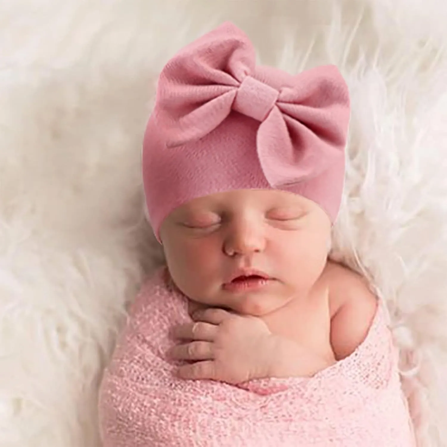 DRESHOW BQUBO Newborn Baby Girls Hats Hospital Hat Baby Cotton Beanie Infant Big Bow Hats for 0-24 Months