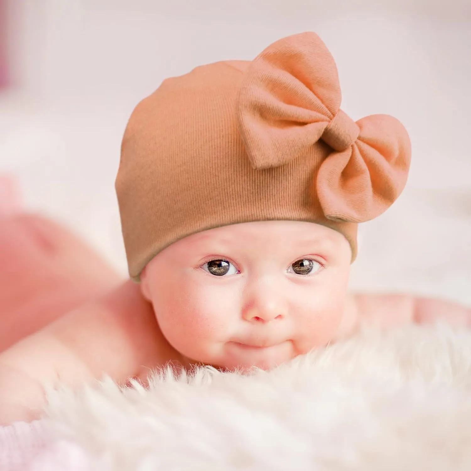DRESHOW BQUBO Newborn Baby Girls Hats Hospital Hat Baby Cotton Beanie Infant Big Bow Hats for 0-24 Months