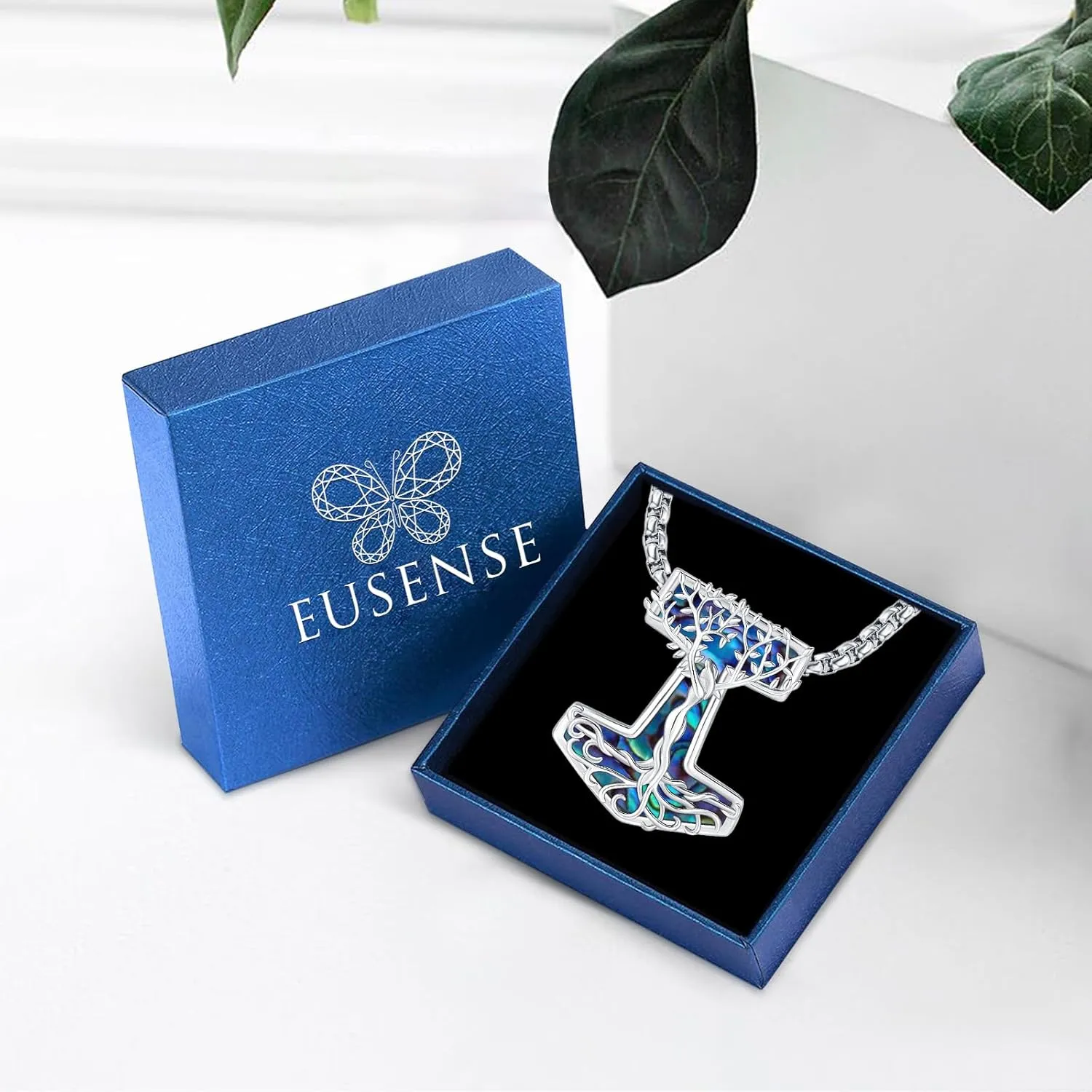 Eusense Viking Jewelry for Men Women Sterling Silver 925 Mjolnir Thors Hammer Pendant Celtic Cross Necklace Wolf Odin Raven Freya Goddess Norse Pagan Compass Vegvisir Yggdrasil Nordic Viking Necklaces Gifts