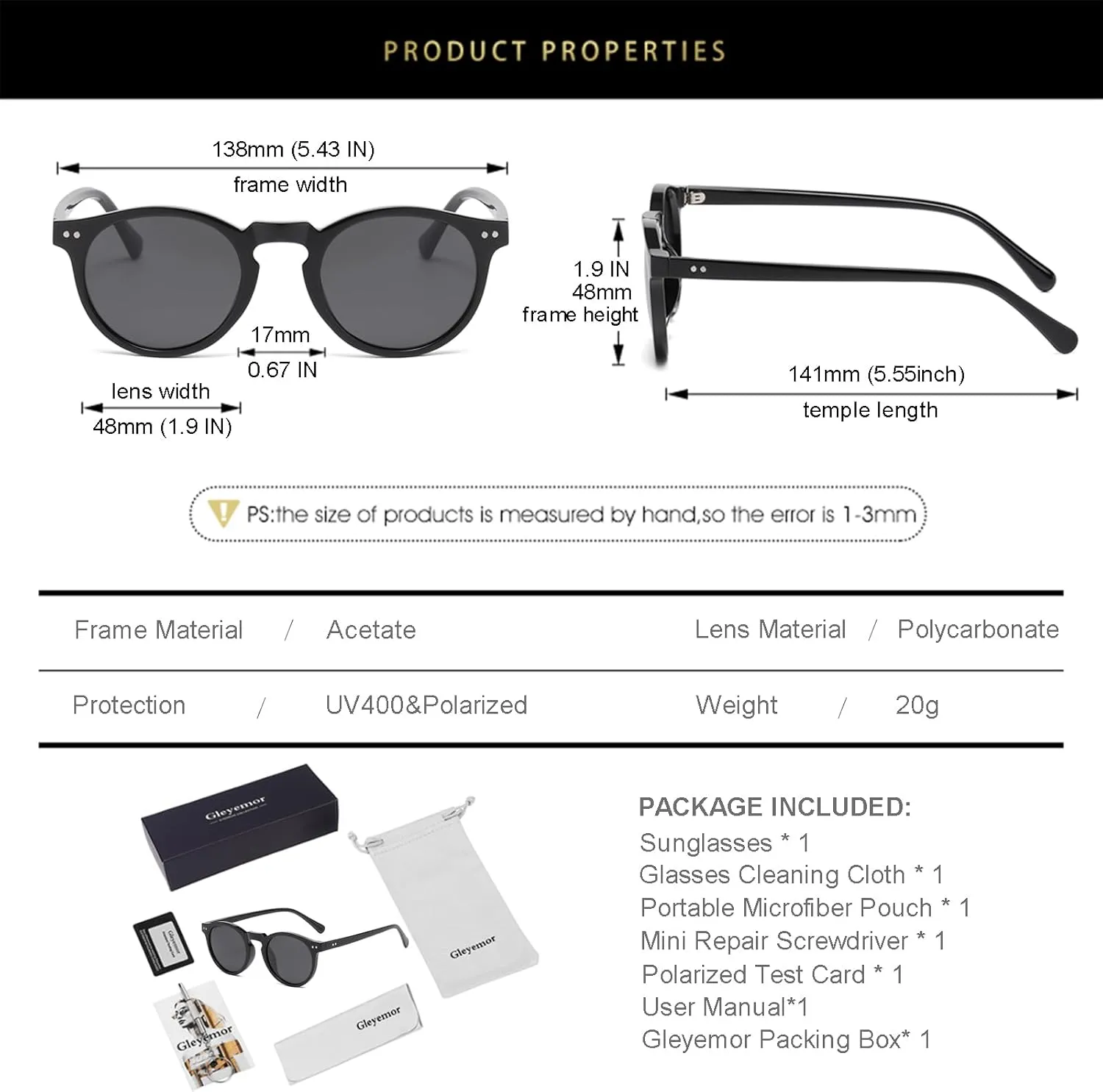 Gleyemor Fashion Polarized Round Sunglasses for Men Women Retro Vintage Acetate Frame Sunglasses