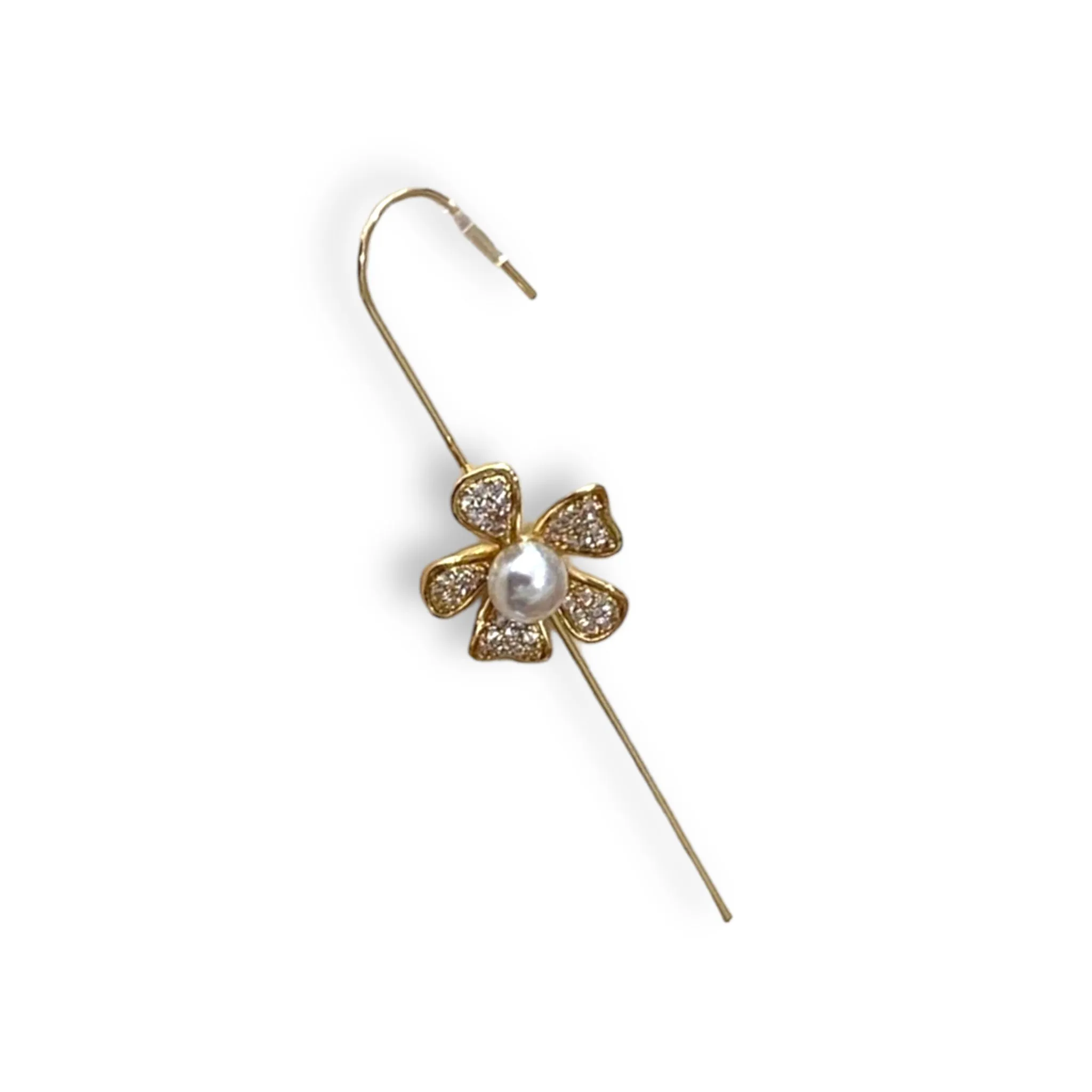 Gold Crystal Flower Pearl Ear Pin Hook Cuff Earring