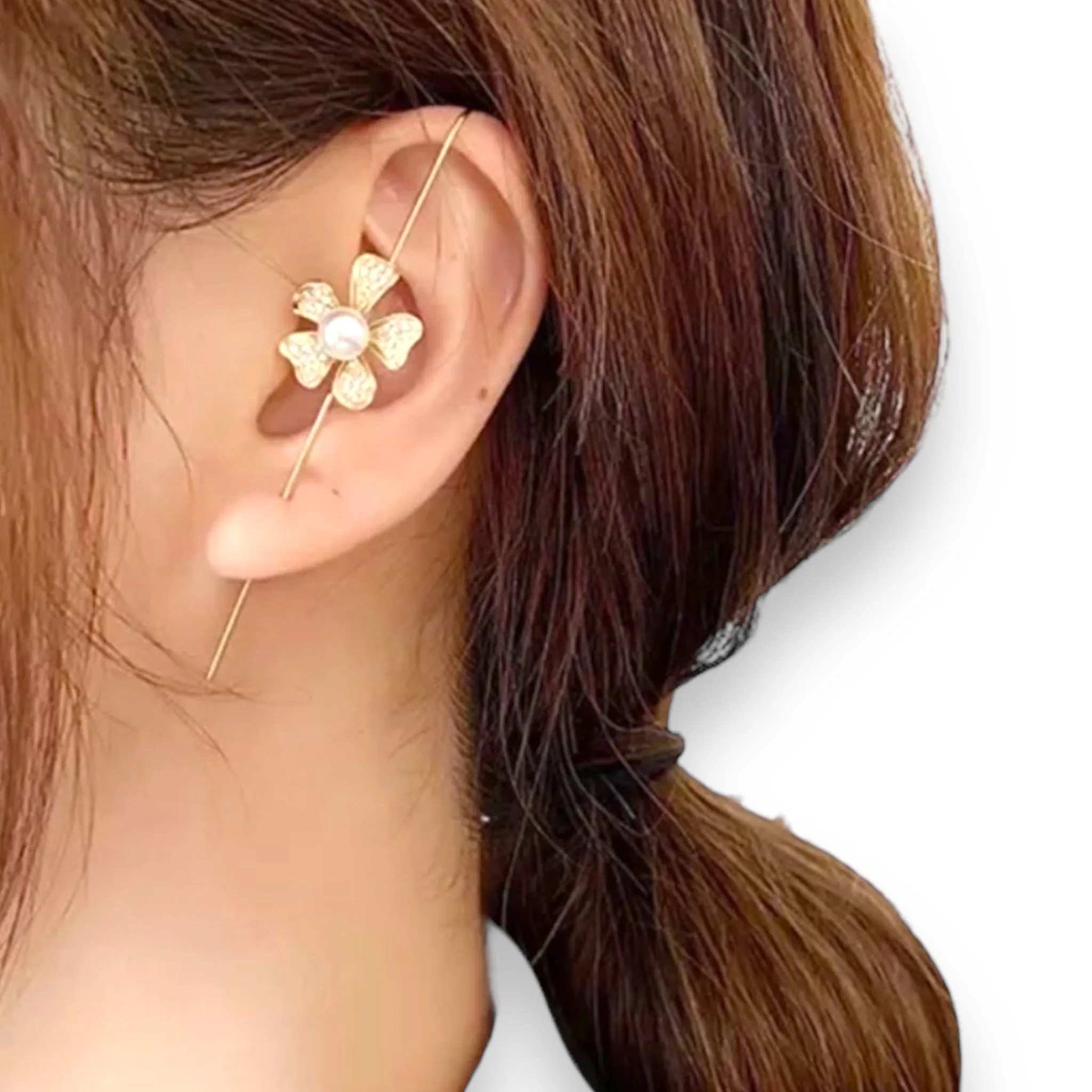 Gold Crystal Flower Pearl Ear Pin Hook Cuff Earring