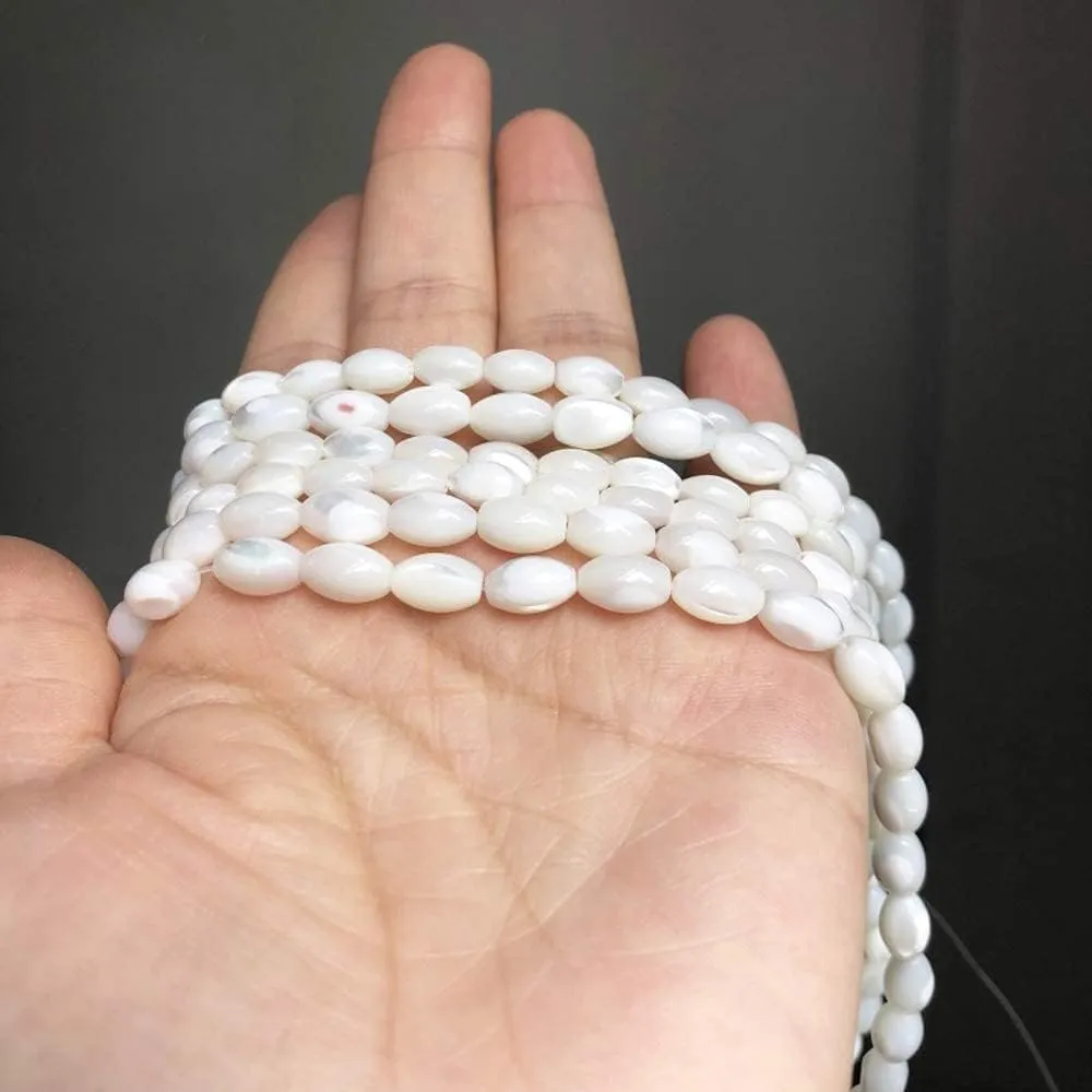 HAAMIIQII 6x9mm Natural Rice White Mother of Pearl Shell Beads Loose Gemstone Beads for Jewelry Making Strand 15 Inch (40-44pcs)