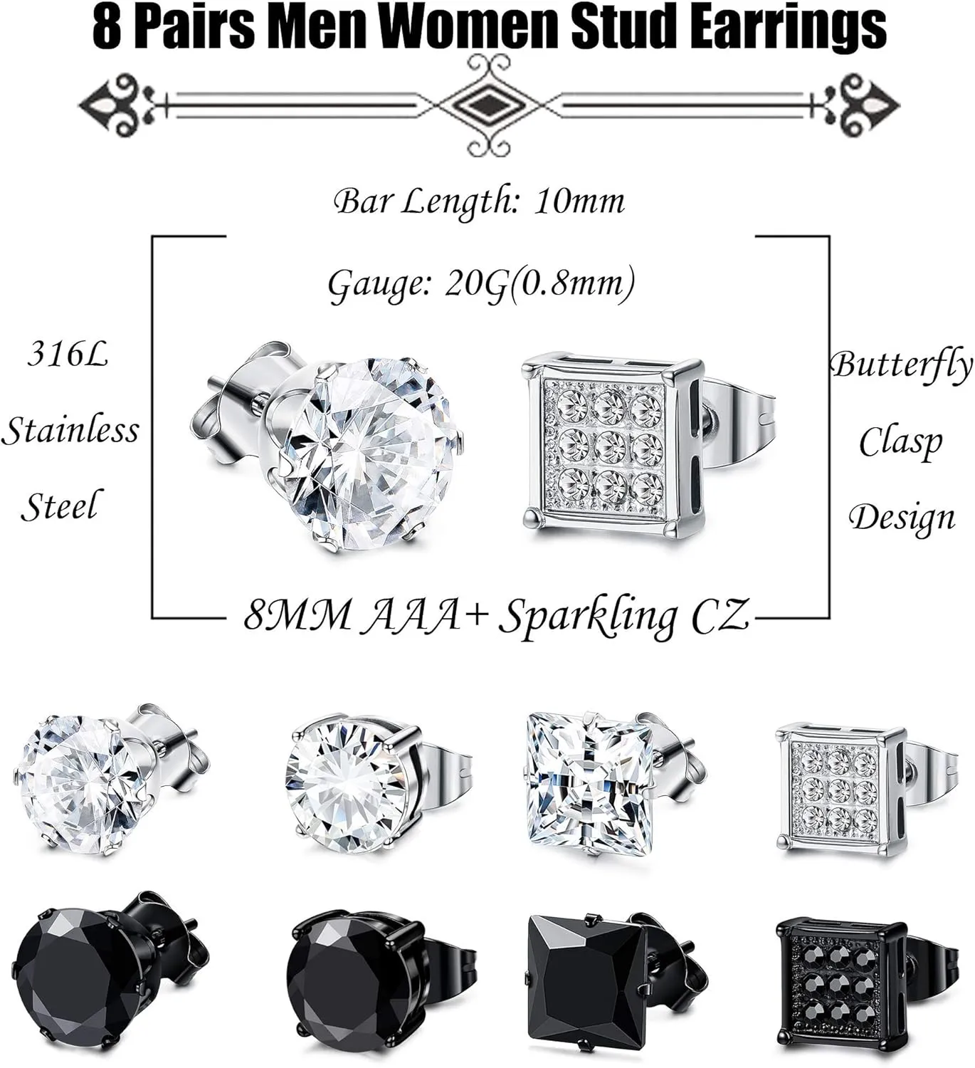 JOERICA 8 Pairs Stud Earrings for Women Men 316L Stainless Steel Hypoallergenic, Piercing Plugs Design, CZ Inlaid, Stylish & Comfortable Jewelry, Perfect for Sensitive Ears, Everyday Wear 3-8mm