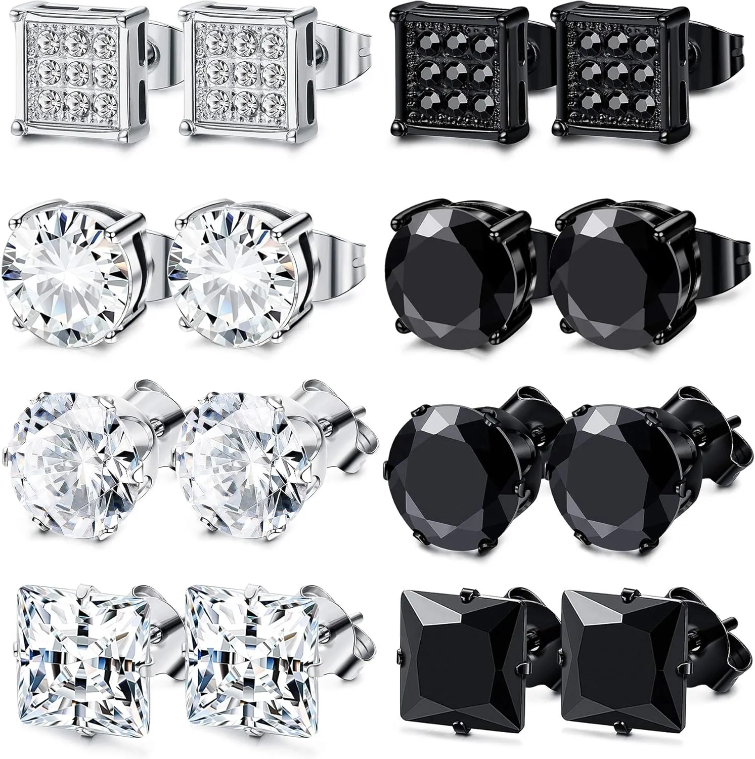 JOERICA 8 Pairs Stud Earrings for Women Men 316L Stainless Steel Hypoallergenic, Piercing Plugs Design, CZ Inlaid, Stylish & Comfortable Jewelry, Perfect for Sensitive Ears, Everyday Wear 3-8mm