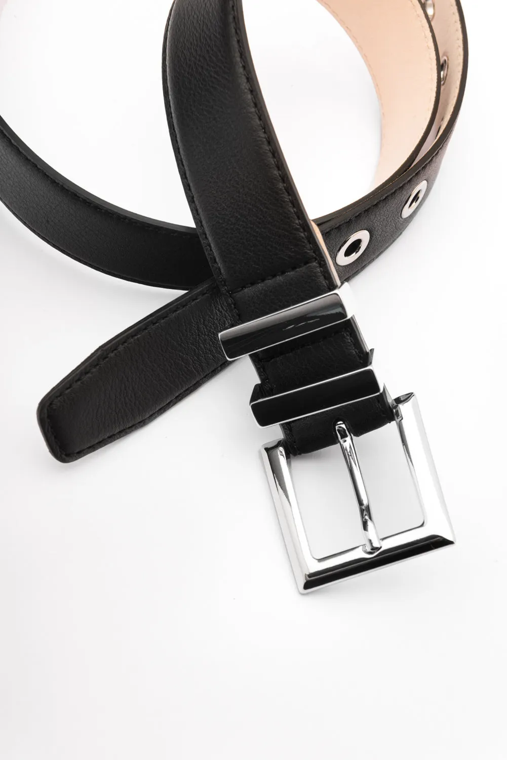 Laura silver buckle black leather eyelets belt
