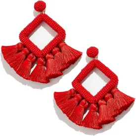 Long Tassel Earrings Statement Bohemian Pom Ball Handmade Drop Dangle Earrings for Women