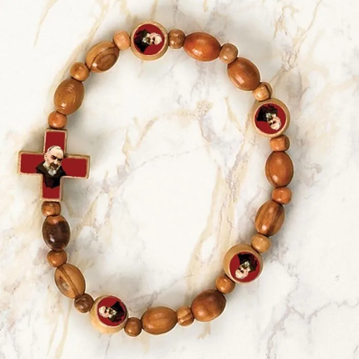 Padre Pio - Italian Olive Wood Saint Stretch Bracelets - Pack of 6