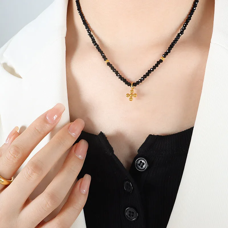 Pearl Necklace With Beads Cross Pendant