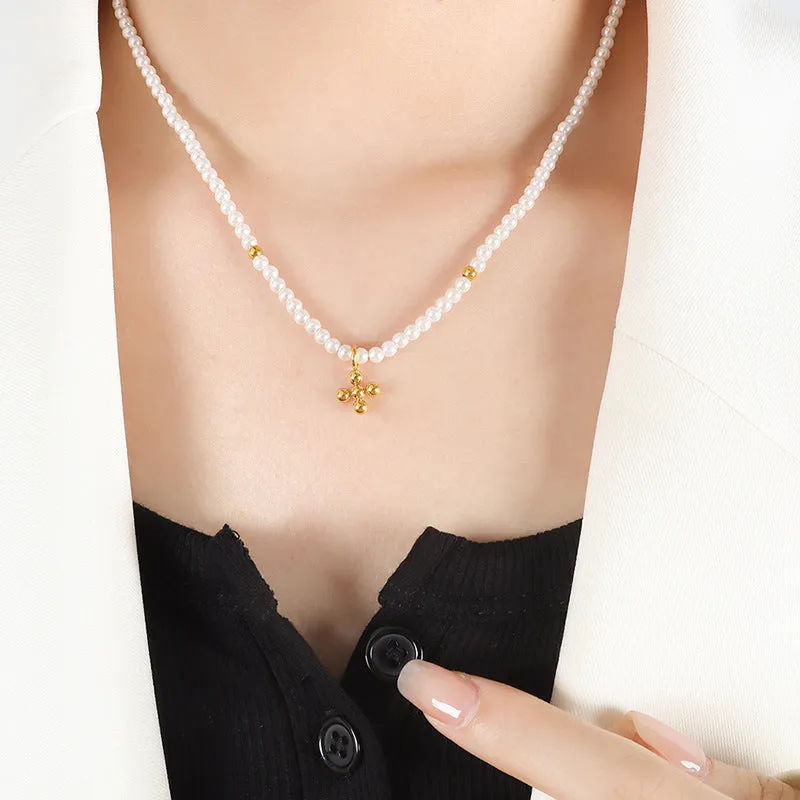 Pearl Necklace With Beads Cross Pendant