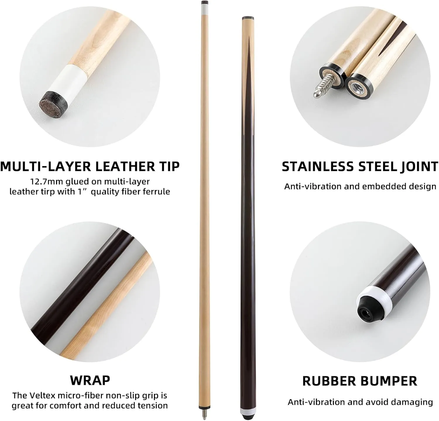 Pool Cue Stick/Billairds cue Stick with 13mm Fiber Leather tip, Different Size, 58 or 48" or 42" Set of 2, Set of 4, Weight 18OZ, 20OZ