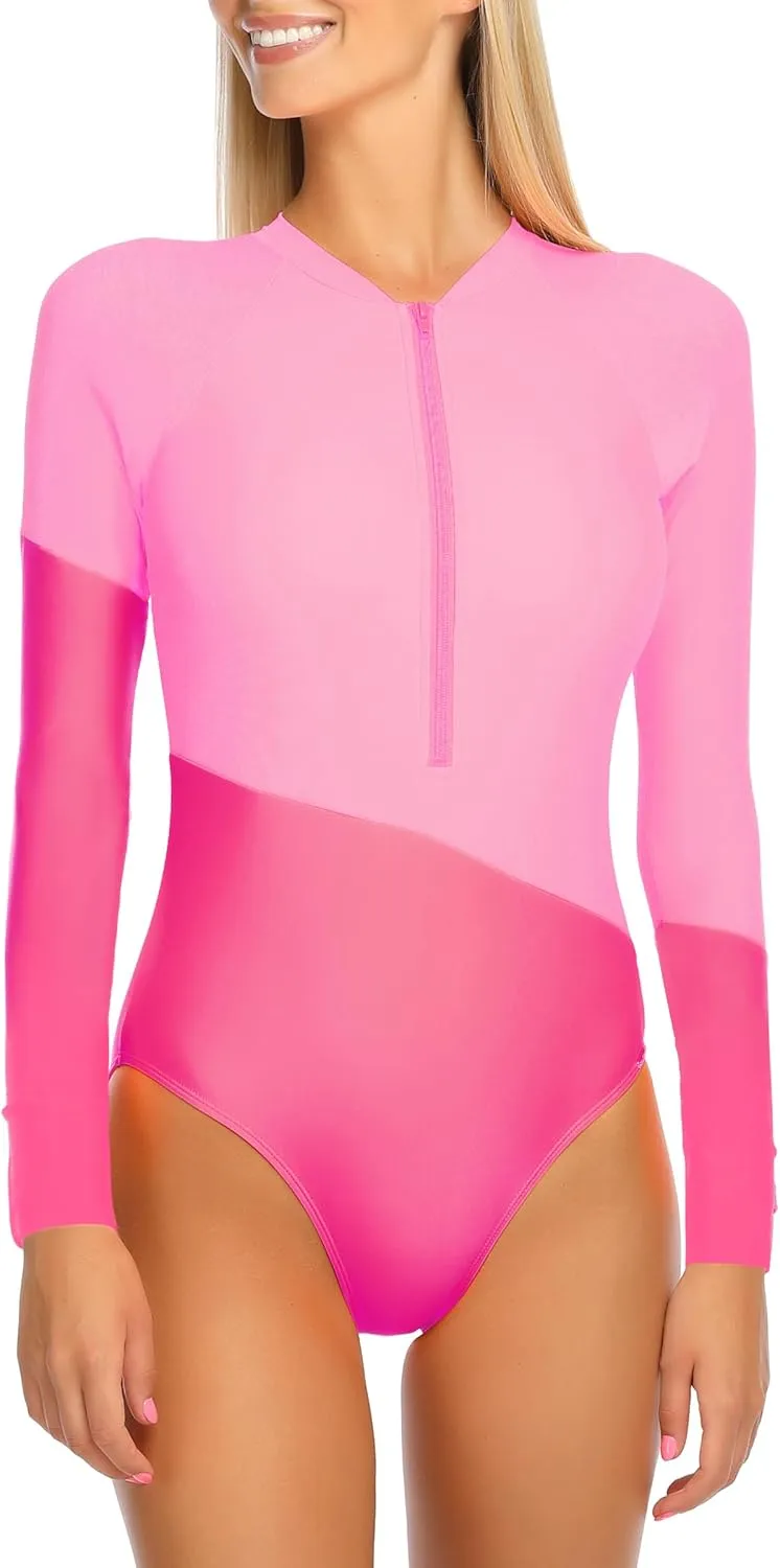 RELLECIGA Women's One Piece Swimsuits Long Sleeve Rash Guard UV Protection Surfing Swimsuit Bathing Suit