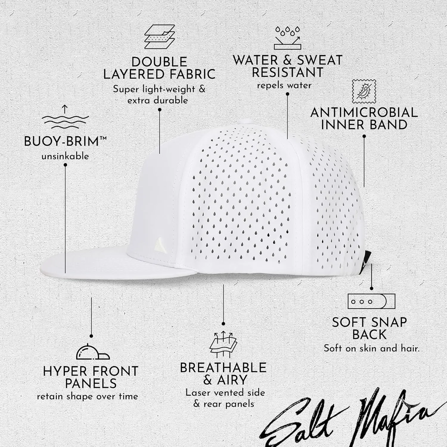 Salt Mafia Flat Brim Waterproof Hats for Men - Performance Snapback Surfer Hat