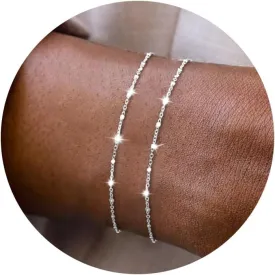 Silver Bracelets for Women, Dainty Silver/Gold Plated Bracelets Trendy Silver Jewelry Cute Layered Bracelets for Women Fashion Stackable Jewelry Christmas Gifts