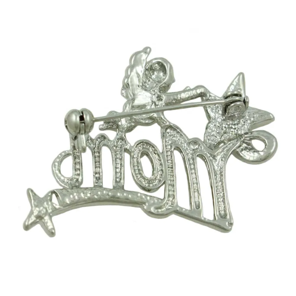 Silver MOM Cherub and Crystal Shooting Star Brooch Pin - PRF321S