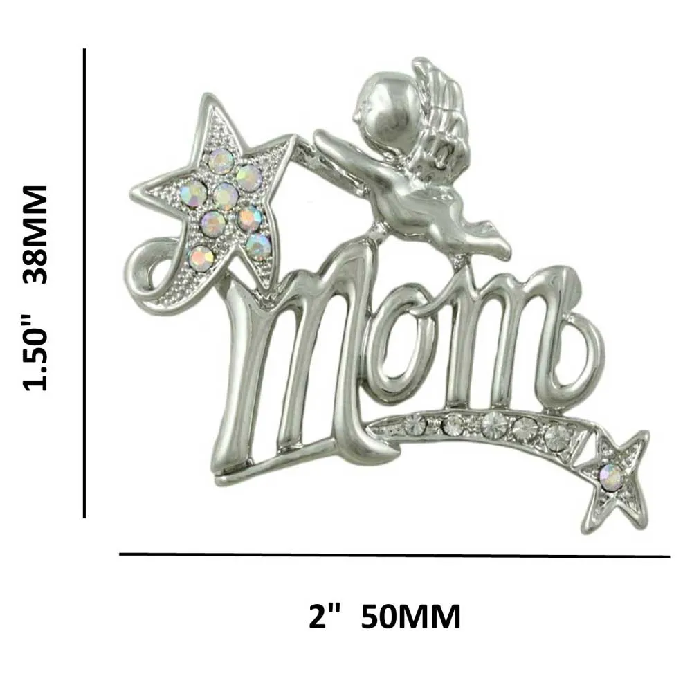 Silver MOM Cherub and Crystal Shooting Star Brooch Pin - PRF321S