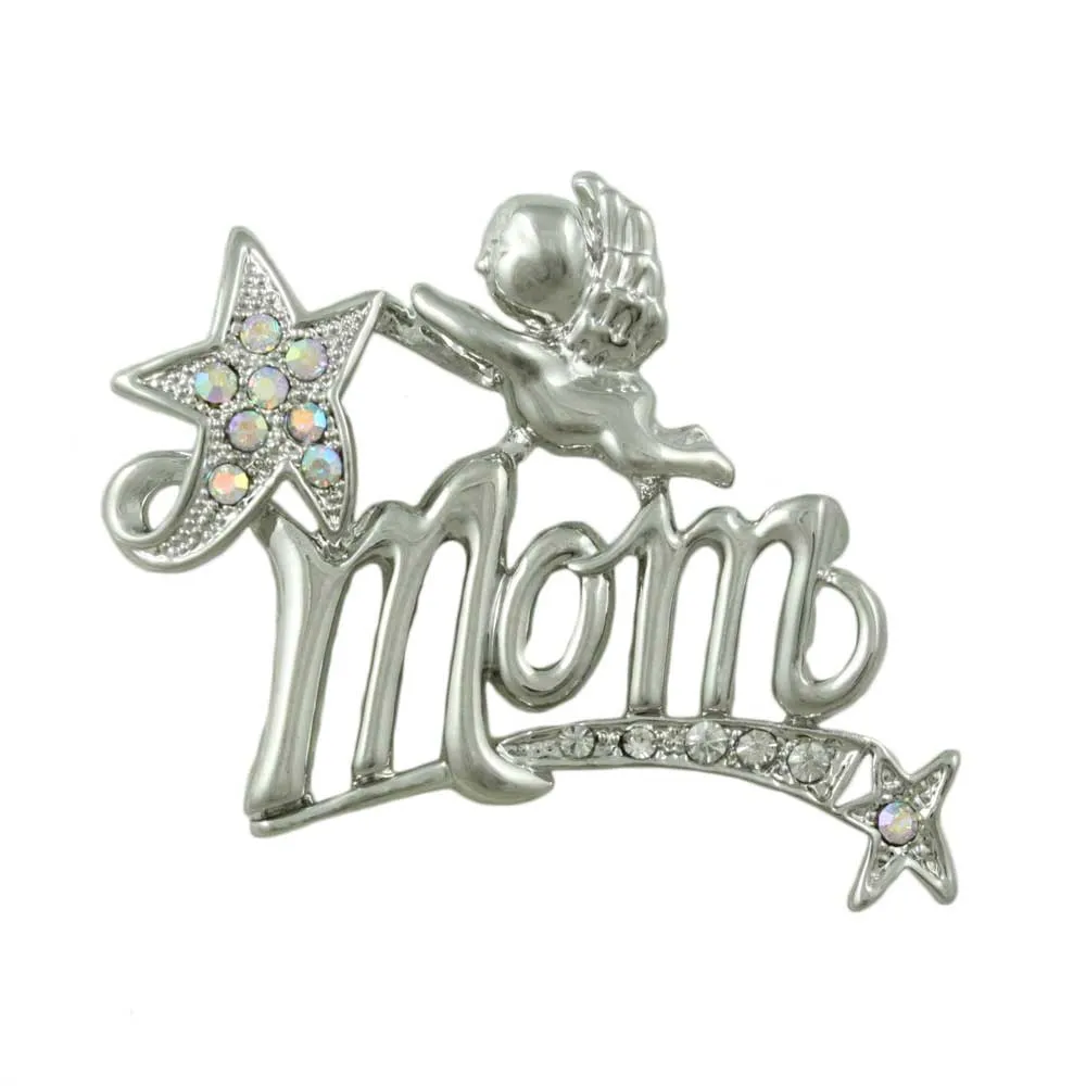 Silver MOM Cherub and Crystal Shooting Star Brooch Pin - PRF321S