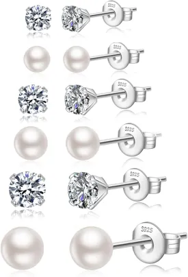 Silver Stud Earrings for Women Hypoallergenic 925 Sterling Silver Pearl Earrings Cubic Zirconia Ball Stud Earrings Set Dainty Earring Sets for Multiple Piercing