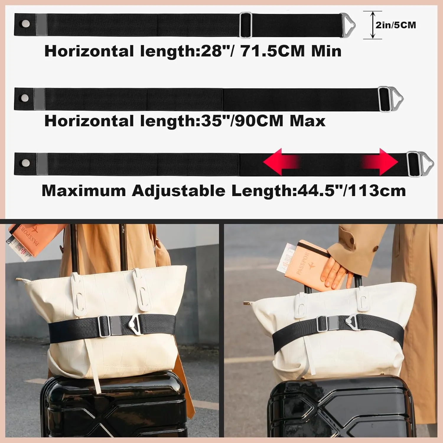 TOOVREN 2-in-1 Travel Belt for Luggage Straps Add a Bag Bungees Luggage Strap Over Handle Suitcases Belt for Carry On Bag Elastic Belt Adjustable Suitcase Strap Airport Travel Accessories Black