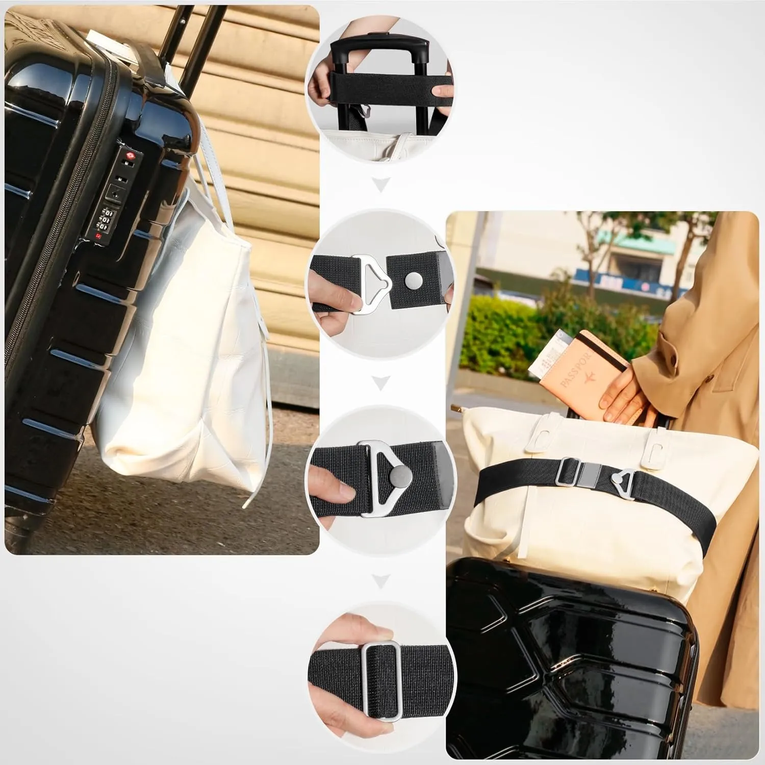 TOOVREN 2-in-1 Travel Belt for Luggage Straps Add a Bag Bungees Luggage Strap Over Handle Suitcases Belt for Carry On Bag Elastic Belt Adjustable Suitcase Strap Airport Travel Accessories Black