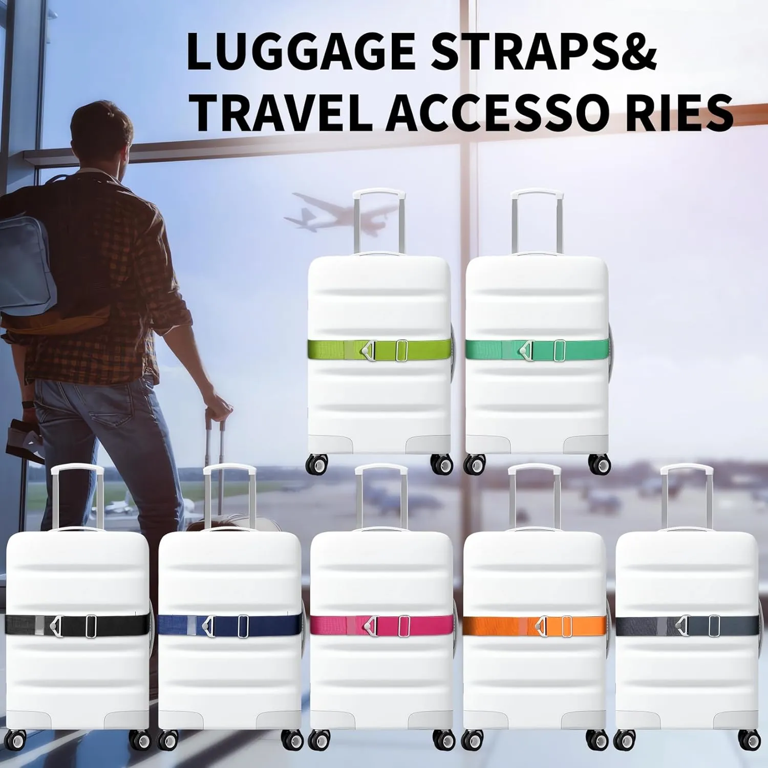 TOOVREN 2-in-1 Travel Belt for Luggage Straps Add a Bag Bungees Luggage Strap Over Handle Suitcases Belt for Carry On Bag Elastic Belt Adjustable Suitcase Strap Airport Travel Accessories Black