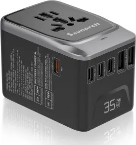 Universal Travel Adapter, PD 35W 7 in 1 International Power Plug Adapter with 7.0A 4 USB-C and 2 USB-A Fast Wall Charger, Worldwide AC Outlet for US Europe UK AUS (Black Silver)