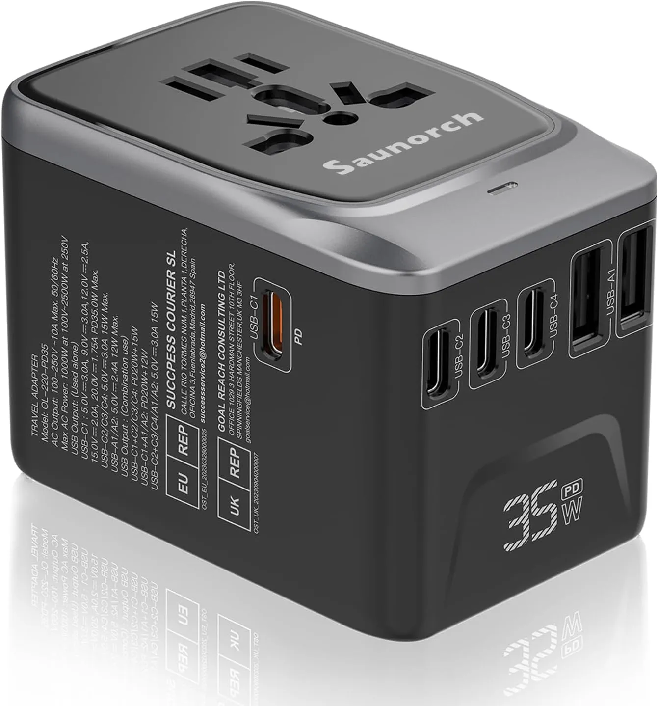 Universal Travel Adapter, PD 35W 7 in 1 International Power Plug Adapter with 7.0A 4 USB-C and 2 USB-A Fast Wall Charger, Worldwide AC Outlet for US Europe UK AUS (Black Silver)