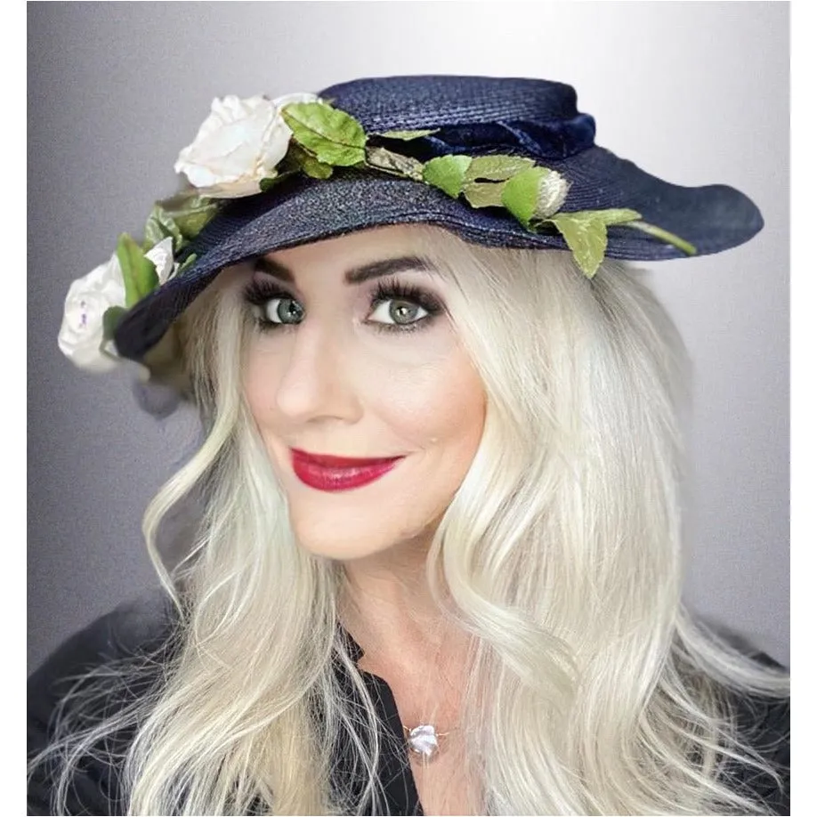 Vintage 1950s Womens Saucer Hat Wide Brim Church Dark Navy Straw Flowers O/S