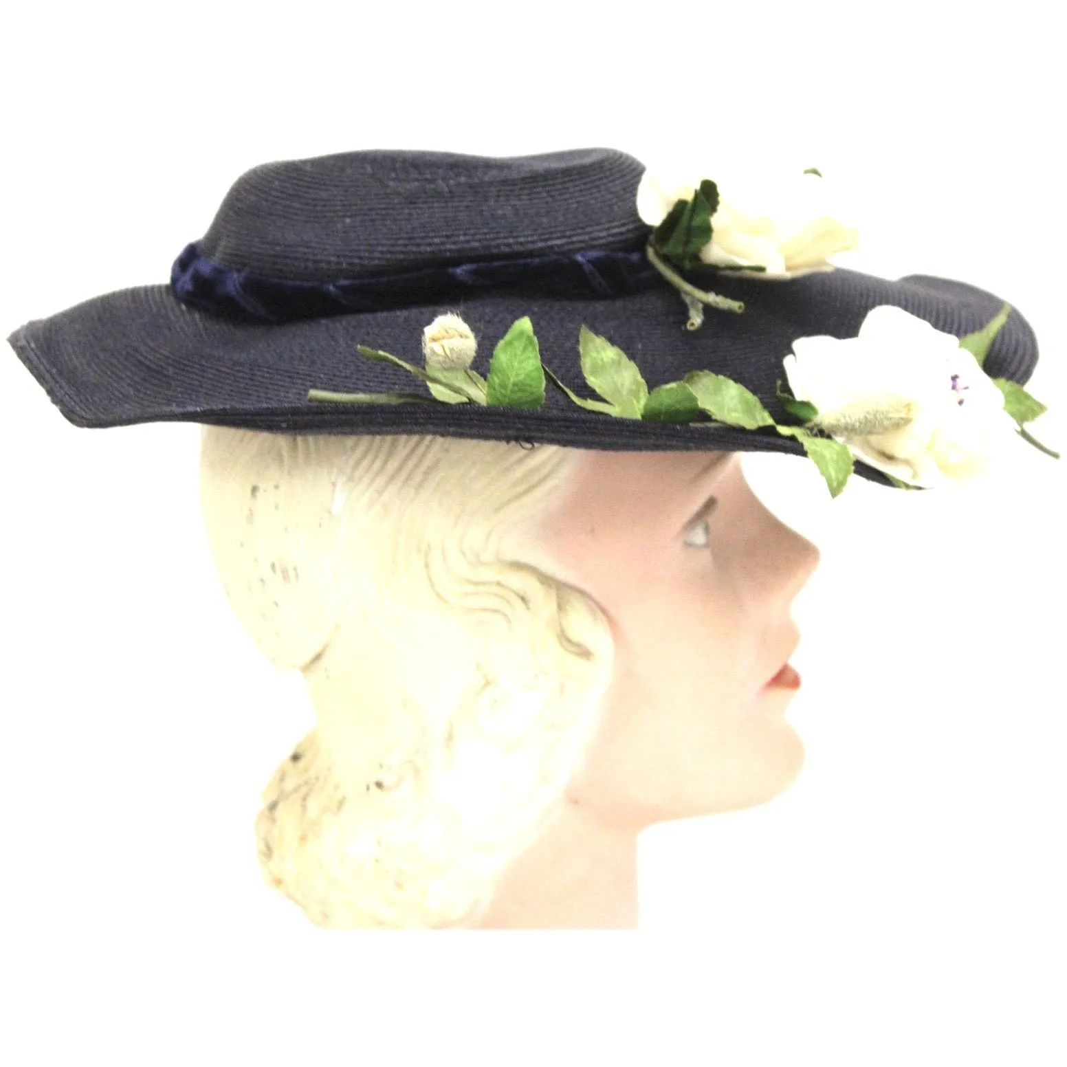 Vintage 1950s Womens Saucer Hat Wide Brim Church Dark Navy Straw Flowers O/S