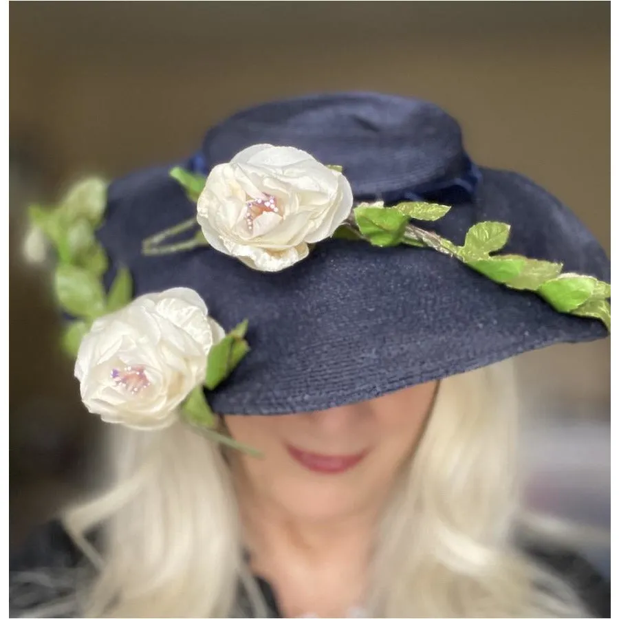 Vintage 1950s Womens Saucer Hat Wide Brim Church Dark Navy Straw Flowers O/S