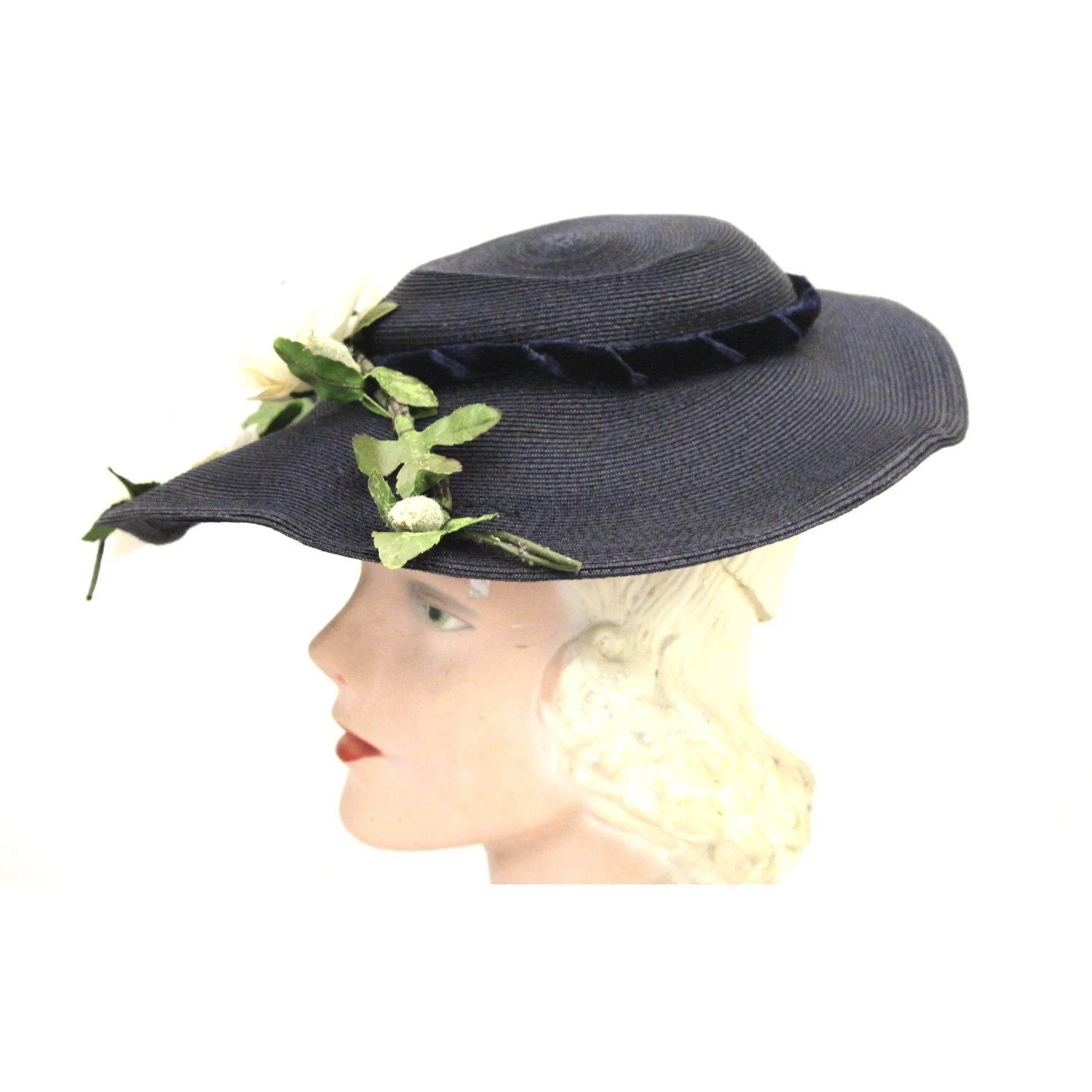 Vintage 1950s Womens Saucer Hat Wide Brim Church Dark Navy Straw Flowers O/S