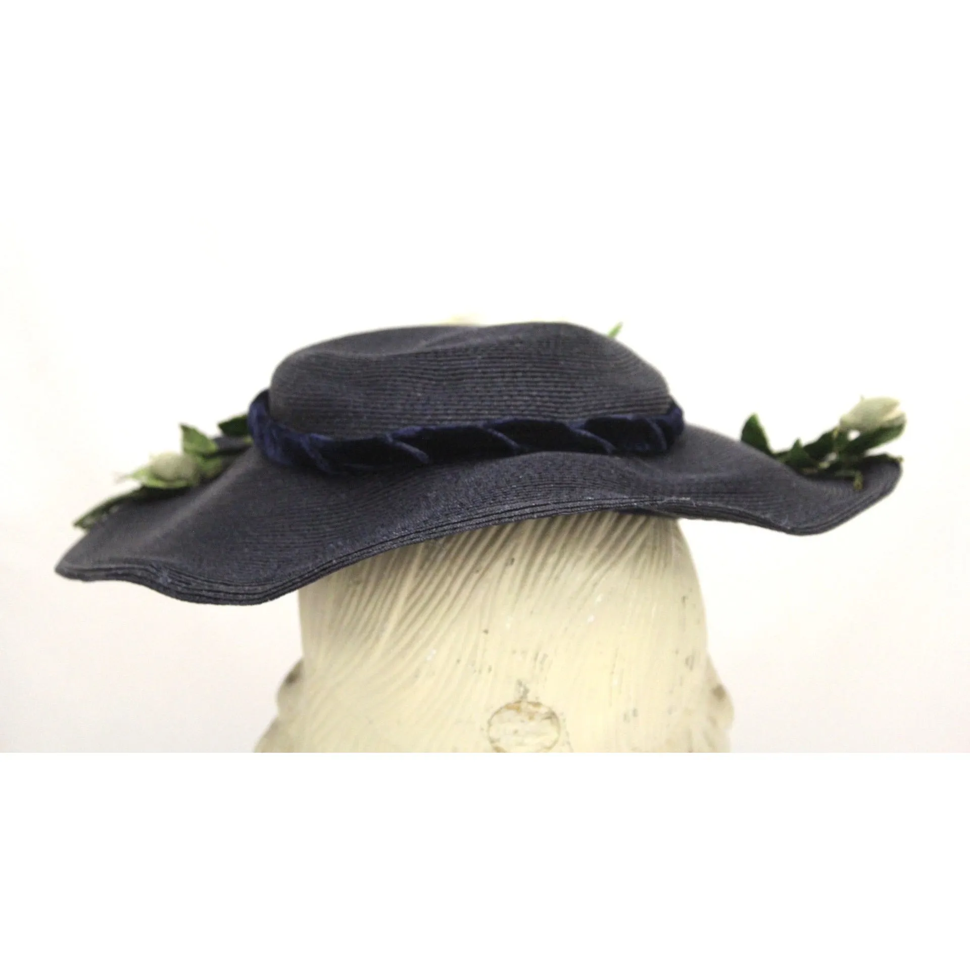 Vintage 1950s Womens Saucer Hat Wide Brim Church Dark Navy Straw Flowers O/S