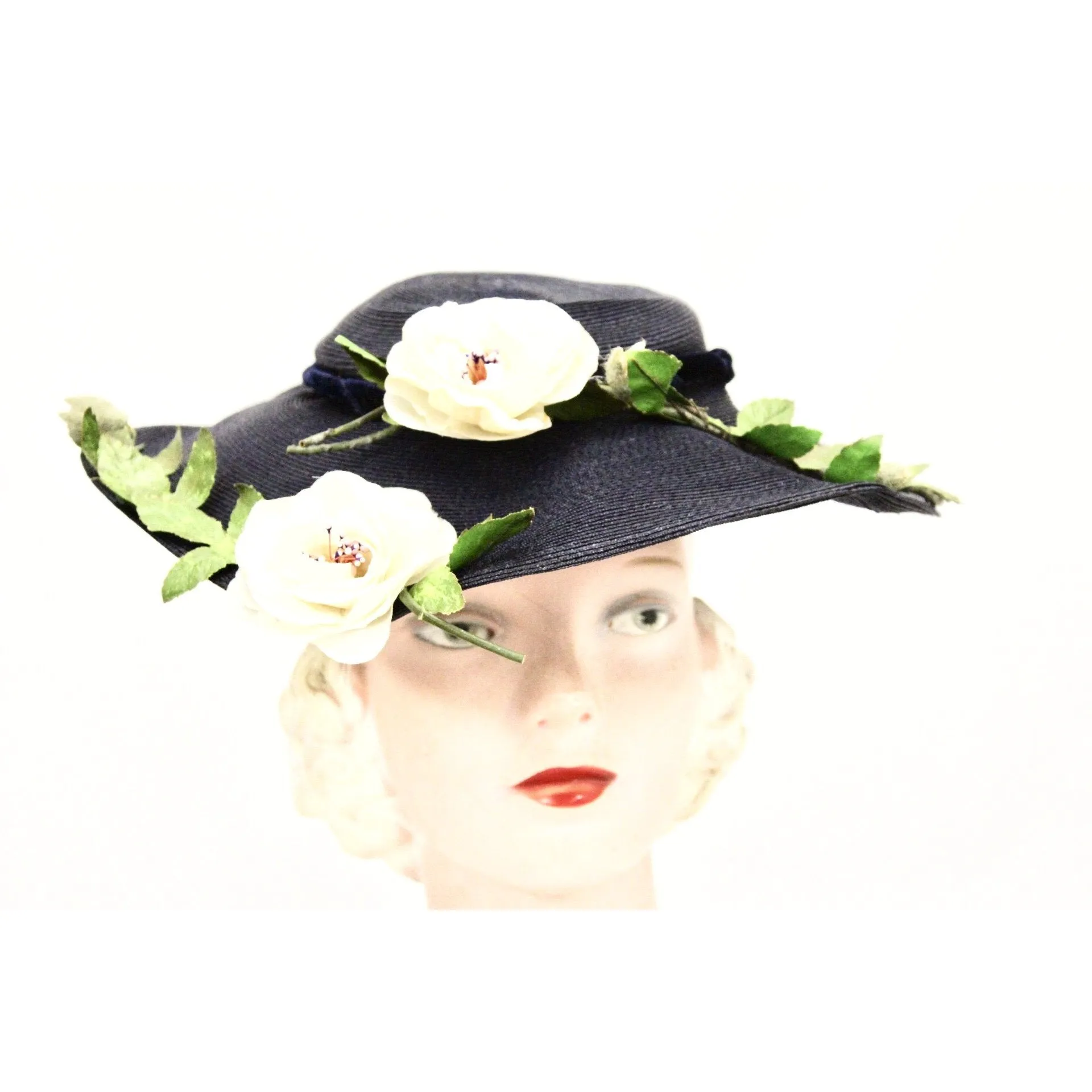 Vintage 1950s Womens Saucer Hat Wide Brim Church Dark Navy Straw Flowers O/S