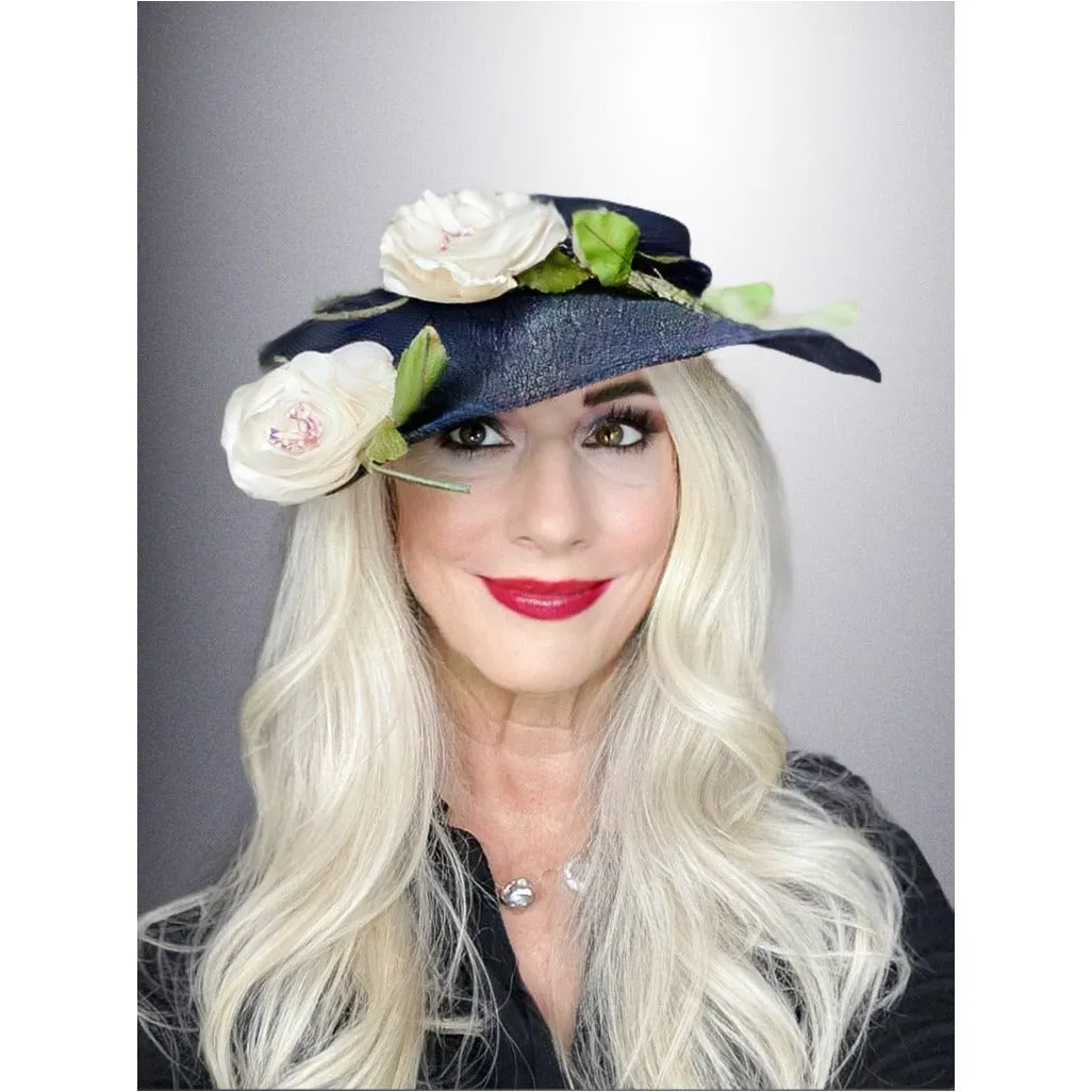 Vintage 1950s Womens Saucer Hat Wide Brim Church Dark Navy Straw Flowers O/S