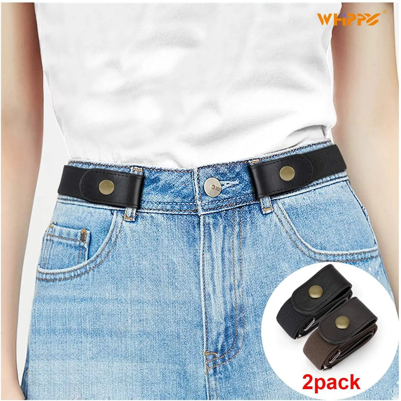 WHIPPY 2 Pack Buckle Free Comfortable Elastic Belt for Women or Men, Buckle-less No Bulge No Hassle Invisible Belts